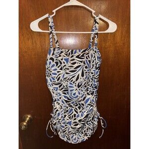 Lands End Women’s Blue And White Tankini Adjustable Swim Suit Top Size 10